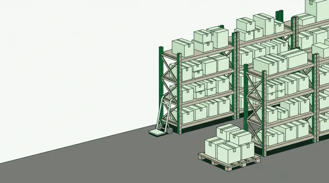 Ilustración de una bodega con estanterías llenas de cajas, una estiba y una carretilla
