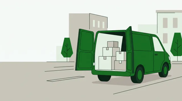 Ilustración de una camioneta de reparto con las puertas traseras abiertas y cajas en su interior