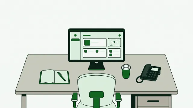 Ilustración de un puesto de trabajo con el panel de seguimiento en pantalla, agenda y teléfono