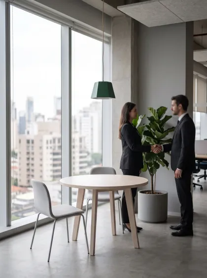 Dos personas de negocios saludándose en la sala de reuniones de una oficina