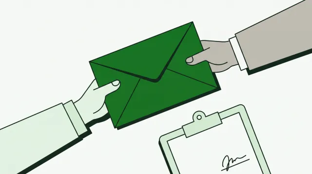 Ilustración de una mano que entrega un sobre a otra, junto a una planilla firmada