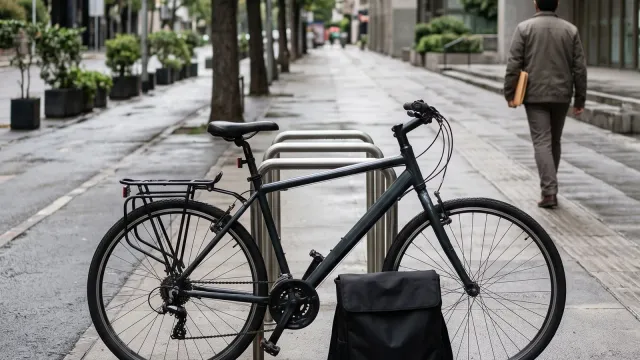 Bicicleta de mensajería con maleta, estacionada en un andén de la ciudad, y un mensajero a pie que se aleja con documentos en la mano