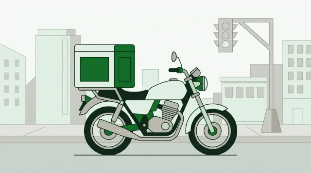 Ilustración de una motocicleta de mensajería con baúl de reparto, en una calle de la ciudad