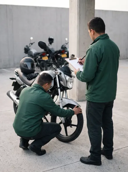 Inspección preoperacional: un mensajero revisa la llanta de la motocicleta mientras otro registra el chequeo