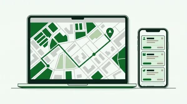 Ilustración: el panel en el computador con el recorrido de un servicio y la aplicación del mensajero en el celular