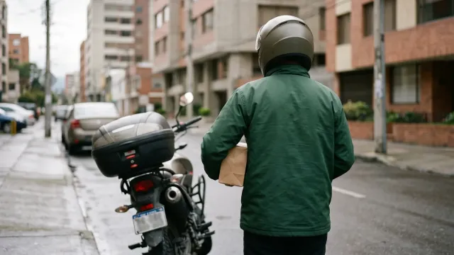 Mensajero de Rapidísimo, de espaldas, junto a su motocicleta en una calle de la ciudad